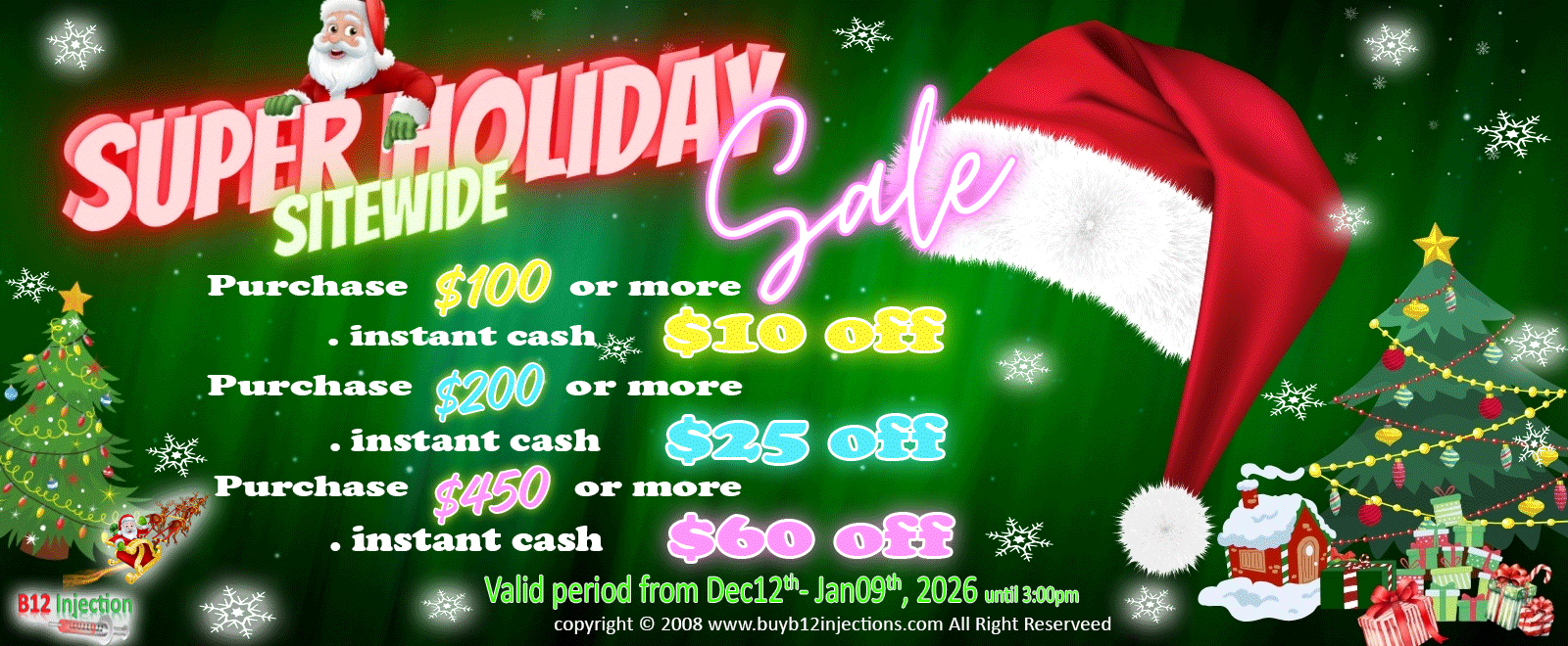 Super Holiday Sitewide Sale — Instant Cash Back on Holiday Purchases. Dec 12, 2025 to Jan 9, 2026 at 3:00 PM. Shop at BuyB12injection!